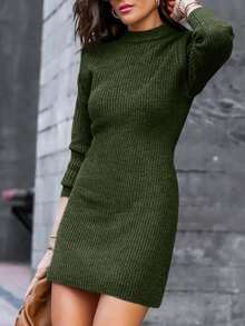 BTFBM Mock Neck Ribbed Bodycon Jumper Dress - Army Green - View 4