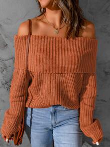 Solid Foldover Bardot Jumper - Brown - View 1