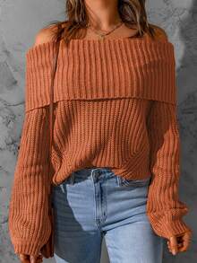 Solid Foldover Bardot Jumper - Brown - View 3