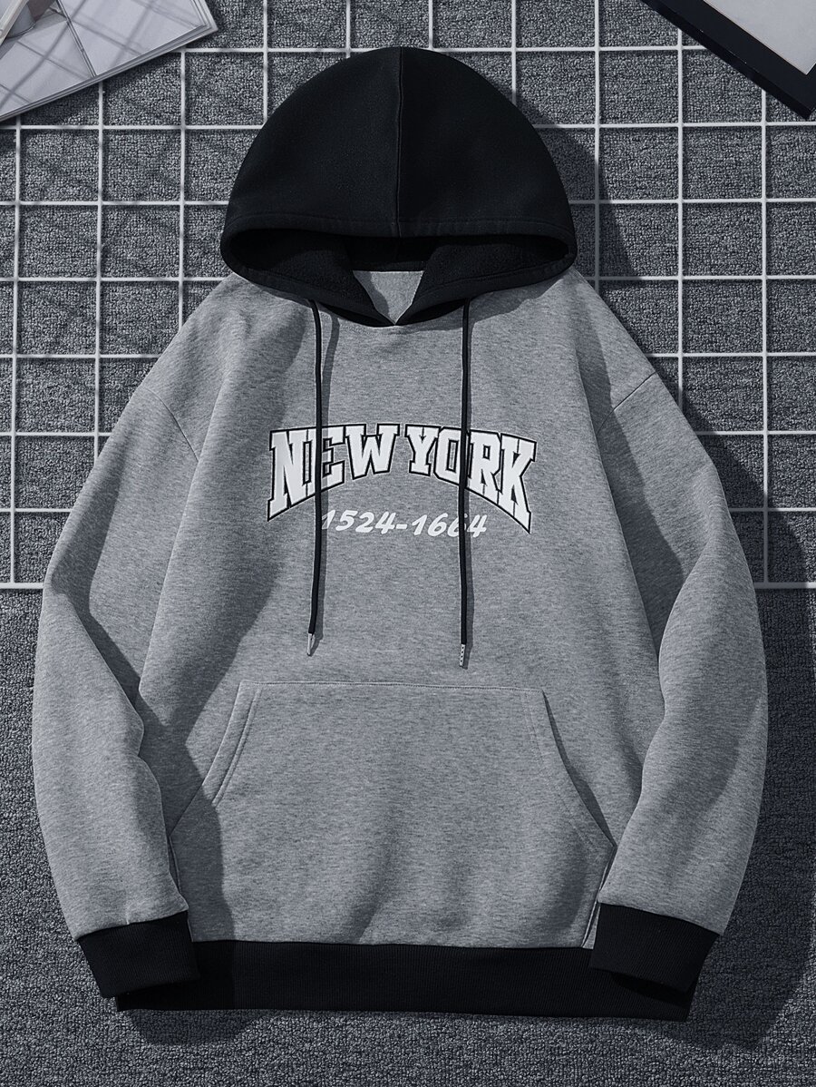 Manfinity Men Letter Graphic Drawstring Contrast Hoodie - Grey - View 1