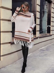 SHEIN LUNE Striped Fringe Hem Cardigan - Apricot - View 1