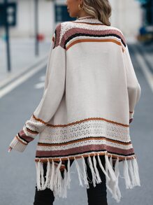 SHEIN LUNE Striped Fringe Hem Cardigan - Apricot - View 2