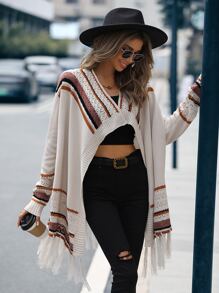 SHEIN LUNE Striped Fringe Hem Cardigan - Apricot - View 3