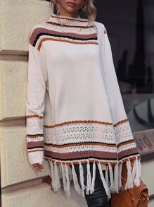 SHEIN LUNE Striped Fringe Hem Cardigan - Apricot - View 7