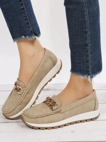 Women Chain Decor Stitch Detail Flat Loafers Breathable Flats - Khaki - View 2