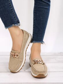 Women Chain Decor Stitch Detail Flat Loafers Breathable Flats - Khaki - View 4