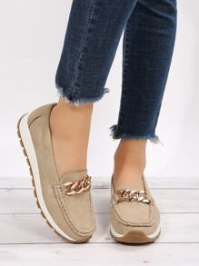 Women Chain Decor Stitch Detail Flat Loafers Breathable Flats - Khaki - View 1