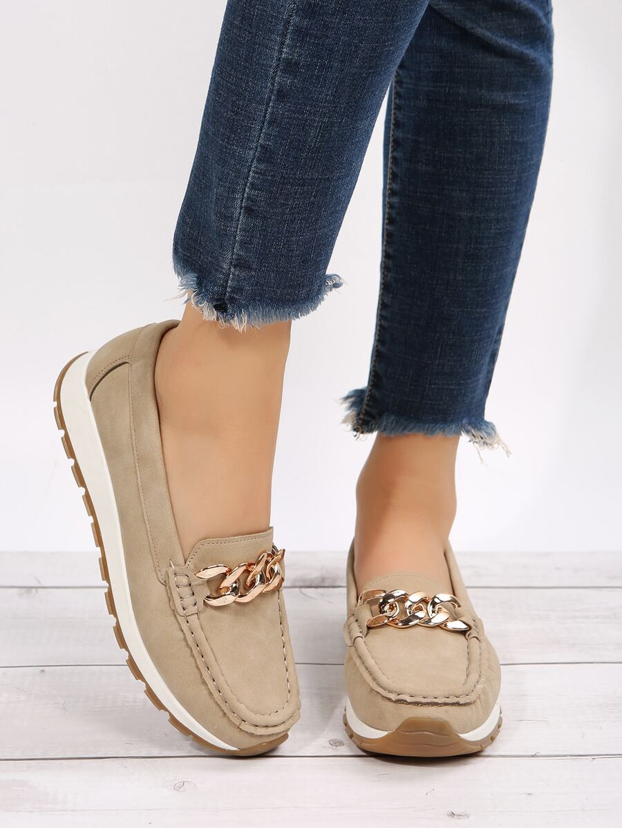 Women Chain Decor Stitch Detail Flat Loafers Breathable Flats - Khaki - View 1