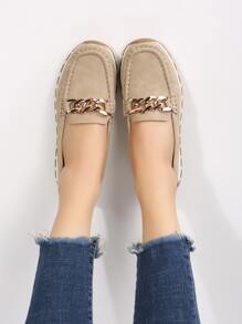 Women Chain Decor Stitch Detail Flat Loafers Breathable Flats - Khaki - View 3