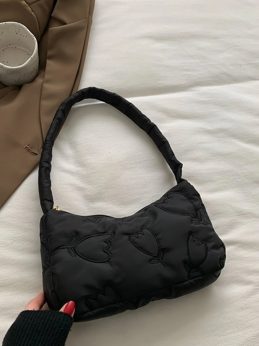 Bolso hobo con bordado floral - Negro - Ver 1