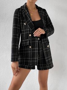 Chiquease Blazer con patrón de cuadros de doble botonadura & Shorts - Negro - Ver 5