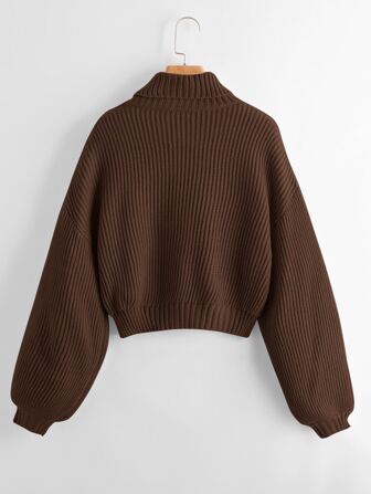 ROMWE Suéter de cuello alto, mangas obispo, sólido, para escuela, uso casual de final de otoño para damas, ajuste regular, color marrón café, suéteres tipo obispo de manga larga para mujeres, blusas de manga larga
