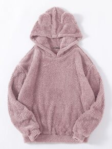 SHEIN Unity Drop Shoulder 3D Ear Teddy Hoodie - Baby Pink - View 1
