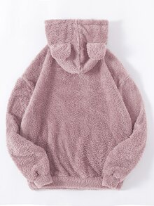 SHEIN Unity Drop Shoulder 3D Ear Teddy Hoodie - Baby Pink - View 2