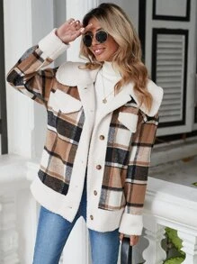 SHEIN Frenchy Plaid Print Drop Shoulder Contrast Teddy Coat - Khaki - View 1
