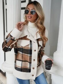 SHEIN Frenchy Plaid Print Drop Shoulder Contrast Teddy Coat - Khaki - View 5