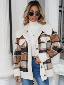 SHEIN Frenchy Plaid Print Drop Shoulder Contrast Teddy Coat - Khaki - View 6