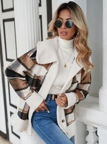 SHEIN Frenchy Plaid Print Drop Shoulder Contrast Teddy Coat - Khaki - View 7