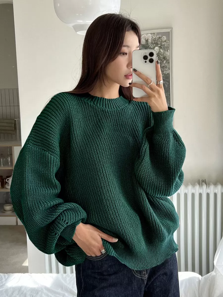DAZY Eyelet Detail Ribbed Knit Drop Shoulder Jumper - Dark Green - View 1