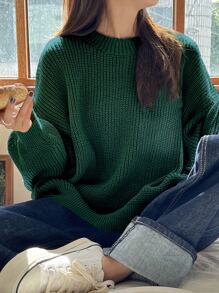 DAZY Eyelet Detail Ribbed Knit Drop Shoulder Jumper - Dark Green - View 2