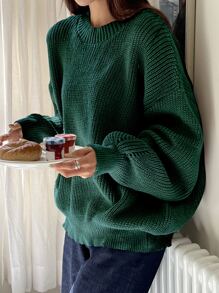 DAZY Eyelet Detail Ribbed Knit Drop Shoulder Jumper - Dark Green - View 3