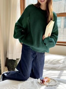 DAZY Eyelet Detail Ribbed Knit Drop Shoulder Jumper - Dark Green - View 4