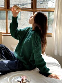 DAZY Eyelet Detail Ribbed Knit Drop Shoulder Jumper - Dark Green - View 5