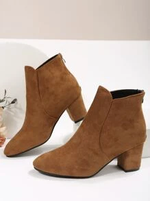 Point Toe Chunky Heeled Faux Suede Classic Boots, Women's Fashionable Solid Color Elegant Brown Chunky Heel Boots - Brown - View 3