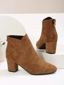 Point Toe Chunky Heeled Faux Suede Classic Boots, Women's Fashionable Solid Color Elegant Brown Chunky Heel Boots - Brown - View 4
