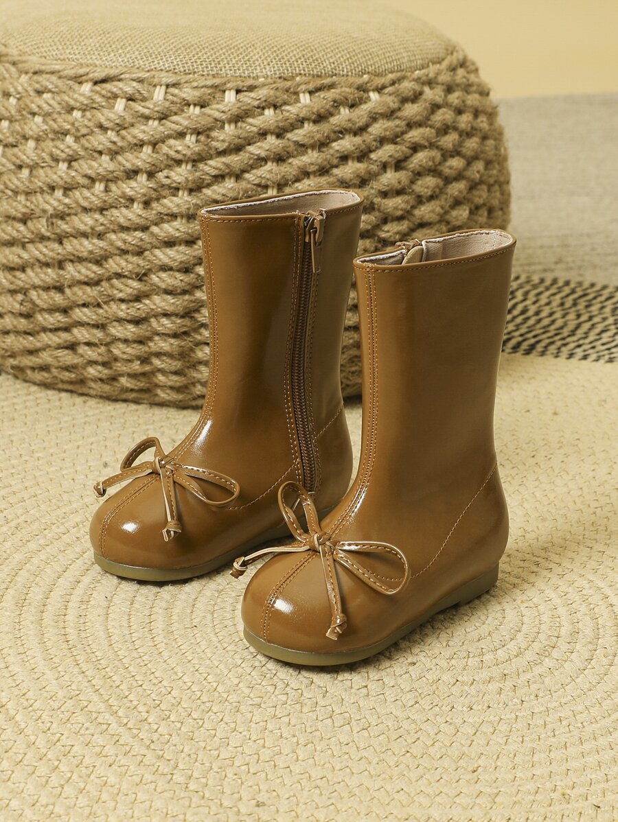 Girls Bow Decor Zipper Side Boots - Brown - View 1