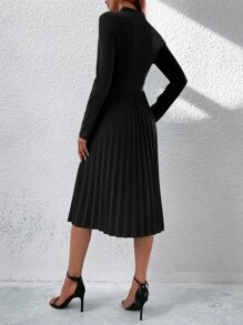 SHEIN LUNE Notched Neck Pleated Hem Dress - Black - View 2