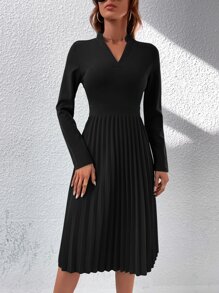 SHEIN LUNE Notched Neck Pleated Hem Dress - Black - View 3