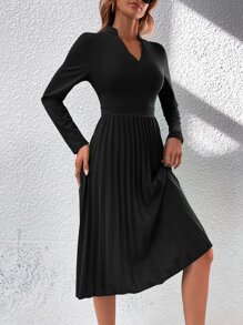 SHEIN LUNE Notched Neck Pleated Hem Dress - Black - View 5