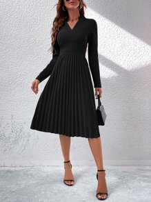 SHEIN LUNE Notched Neck Pleated Hem Dress - Black - View 6