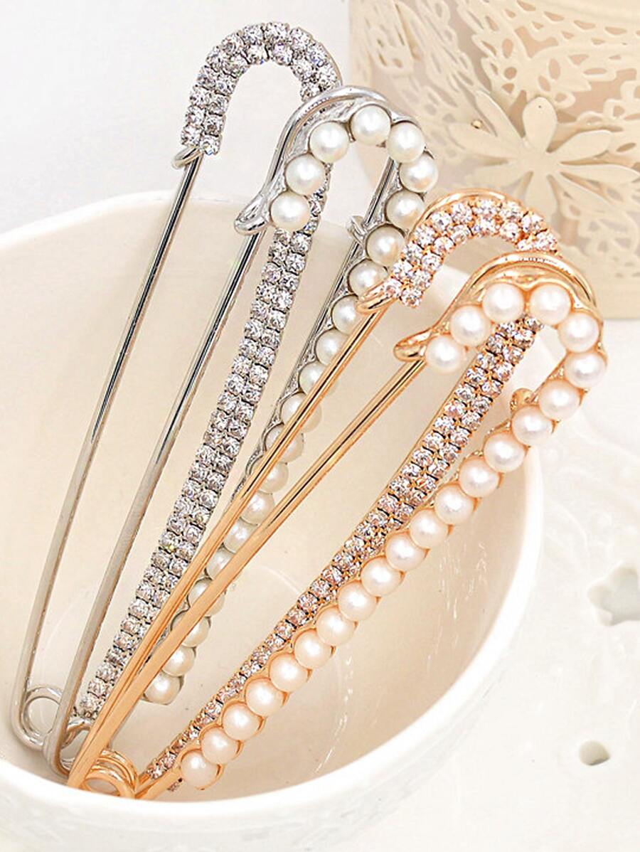 1pc Rhinestone & Faux Pearl Decor Safety Pin, Pants Waist Buckle For Garment - Multicolor - View 1