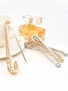 1pc Rhinestone & Faux Pearl Decor Safety Pin, Pants Waist Buckle For Garment - Multicolor - View 2
