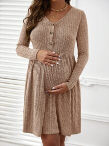 SHEIN 孕婦紐扣半開襟條紋針織連衣裙 - 卡其色 - 查看 5