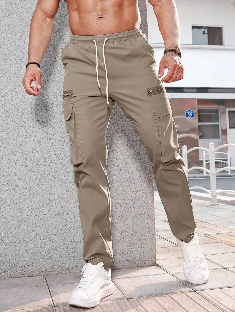 Manfinity Homme Men Flap Pocket Drawstring Waist Cargo Trousers - Khaki - View 1