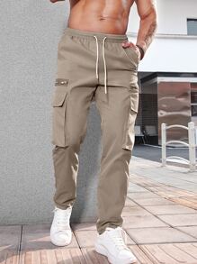 Manfinity Homme Men Flap Pocket Drawstring Waist Cargo Trousers - Khaki - View 3