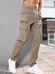 Manfinity Homme Men Flap Pocket Drawstring Waist Cargo Trousers - Khaki - View 4