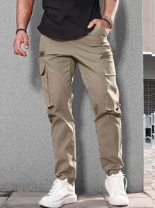 Manfinity Homme Men Flap Pocket Drawstring Waist Cargo Trousers - Khaki - View 7