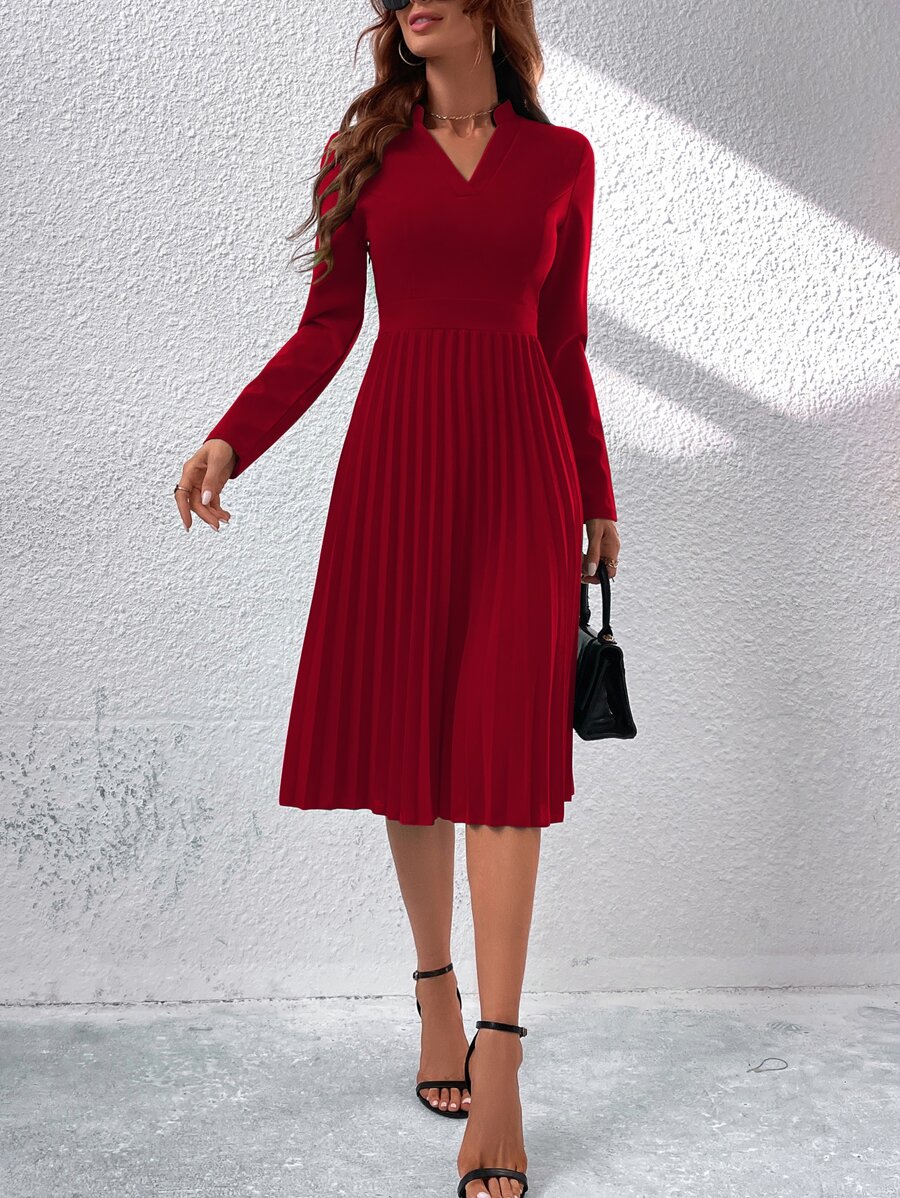 SHEIN Clasi Đầm Xếp li màu trơn Thanh lịch - Đỏ - Xem 1