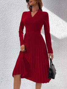 SHEIN Clasi Đầm Xếp li màu trơn Thanh lịch - Đỏ - Xem 5