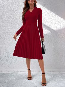 SHEIN Clasi Đầm Xếp li màu trơn Thanh lịch - Đỏ - Xem 6