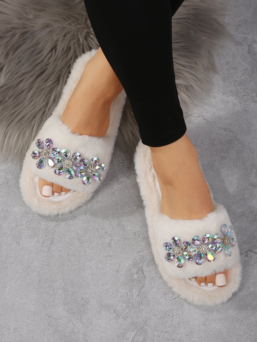 女款開口拖鞋,彩色花型鑽飾,防滑室內外穿戴,日常舒適保暖 - 米色 - 查看 1