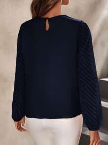 SHEIN Clasi 鎖眼領燈籠袖襯衫 - 藏蓝色 - 查看 2