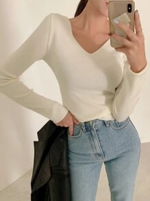 DAZY Solid V Neck Slim Jumper - Beige - View 1