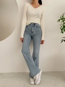 DAZY Solid V Neck Slim Jumper - Beige - View 3