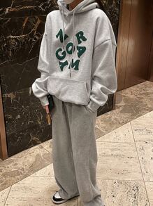 DAZY 字母图案落肩大口袋抽绳连帽衫，秋季女装运动衫 - 灰色 - 查看 5