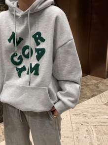 DAZY 字母图案落肩大口袋抽绳连帽衫，秋季女装运动衫 - 灰色 - 查看 7